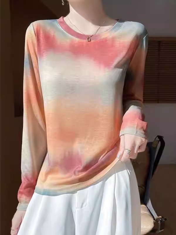 复古扎染印花长袖T恤女春季薄款防晒空调衫天丝莱赛尔内搭打底衫|undefined