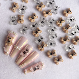 New nail jewelry three-dimensional cartoon bear bow large bow tie bear transparent khaki nail decoration Diamond