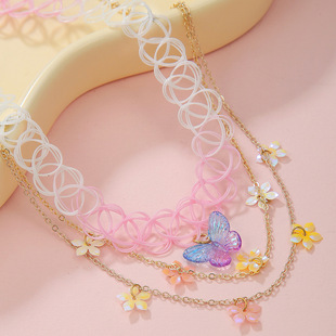 Cross-Border Hot Selling Ins Popular Necklace Set Free to Wear Butterfly Sequin Flower Necklace Elastic Fishing Line Kidsren's Style