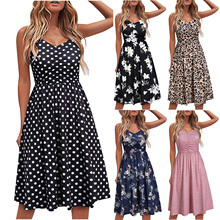 2022夏季eBay亞馬遜歐美爆款外貿時裝性感印花純色吊帶露背連衣裙
