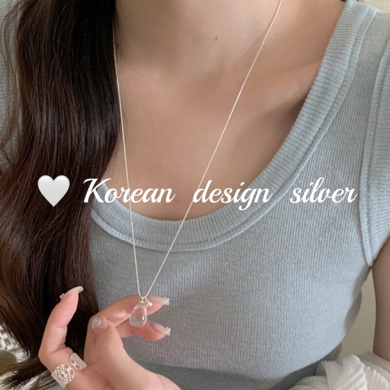 Korean-Style Ins Design S925 Sterling Silver Transparent Crystal Water Drop Bead Necklace, Cool Sweater Chain