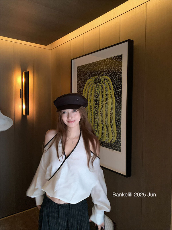 栗ココア Bankelili' 美肩殺し品質模造テンセルリネンオフショルダークロスホルタートップ女性夏|undefined