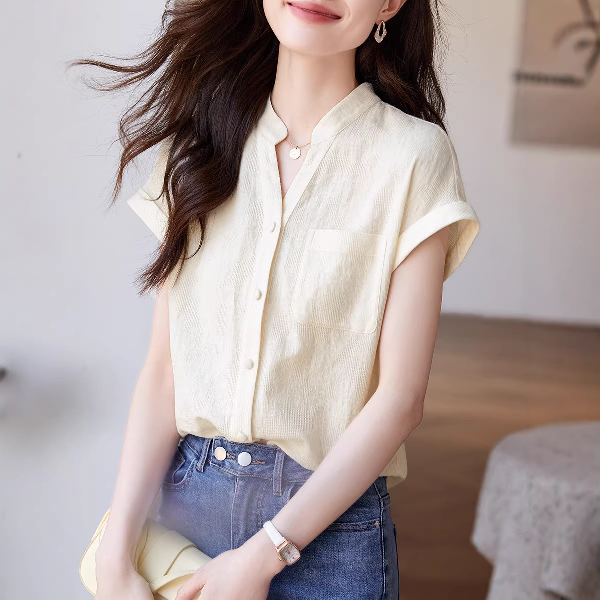 Áo sơ mi nữ liền vai chất liệu cotton linen phong cách Hàn Quốc — xanh lá cây chi tiết 1