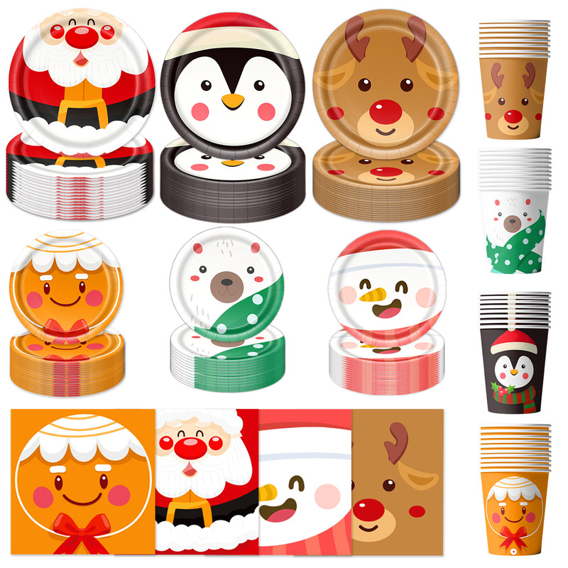 Cute Cartoon Christmas Theme Party Decoration Tableware Paper Plate Paper Cup Tissue Disposable Tableware Party Supplies