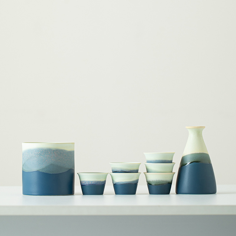 千里江山蓝绿渐变陶瓷酒具套装温酒器分酒器白酒杯黄酒六杯定logo