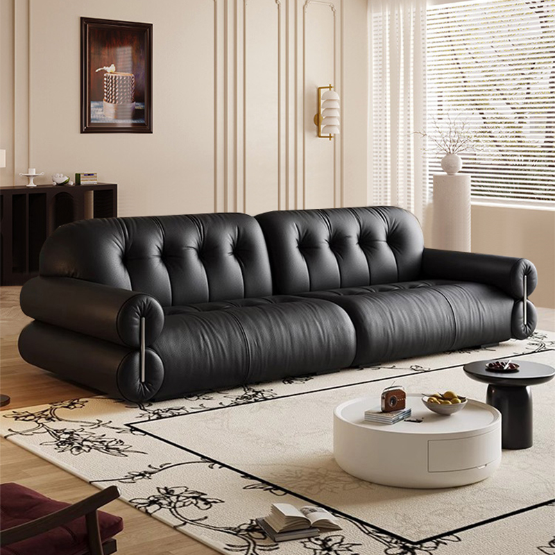 Cream-Colored Electric Leather Sofa for Living Room, Simple Adjustable Retractable Dual-Purpose Straight Sofa Bed