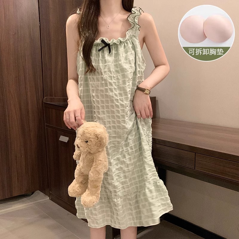 YZQ_Q403#서스펜더 스커트, 버블 체크무늬-그린(가슴 패드 포함)