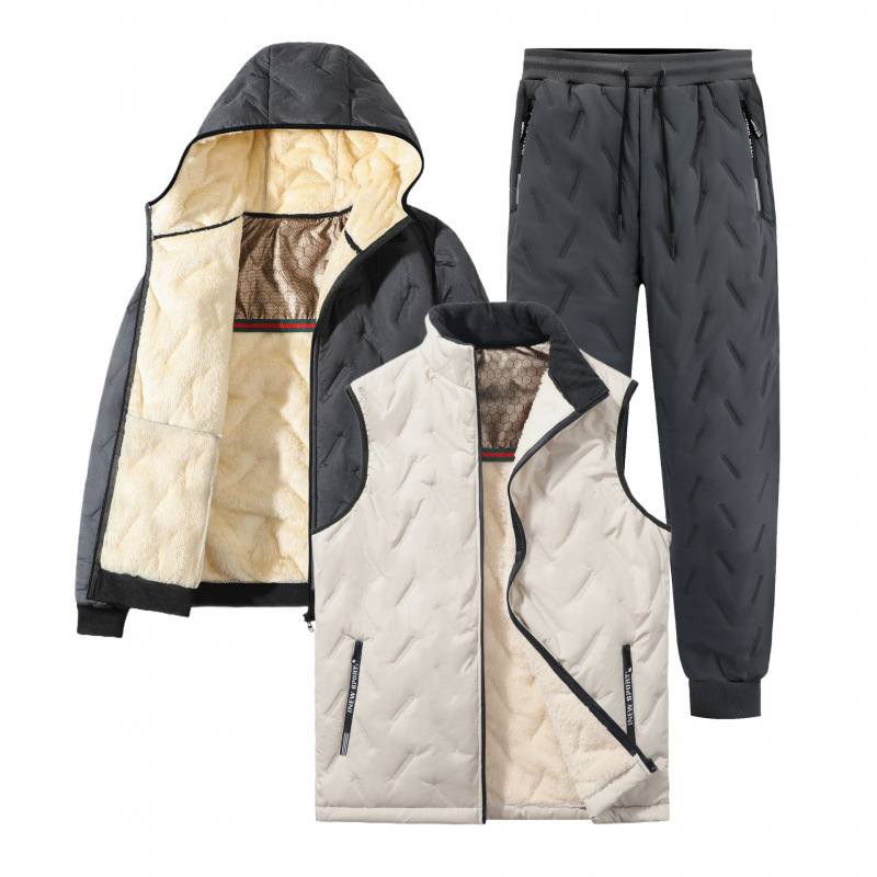 Conjunto de tres piezas de algodón + chaleco caqui + pies grises