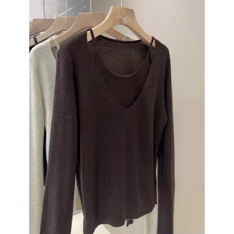 Korean Style Pure Color Long-Sleeved V-Neck Brown Fake Two-Piece Women's 2025 Early Autumn Simple, Gentle and Lazy Long-Sleeved Knitwear Korean Style Pure Color Long-Sleeved V-Neck Brown Fake Two-Piece Women's 2025 Early Autumn Simple, Gentle and Lazy Long-Sleeved Knitwear