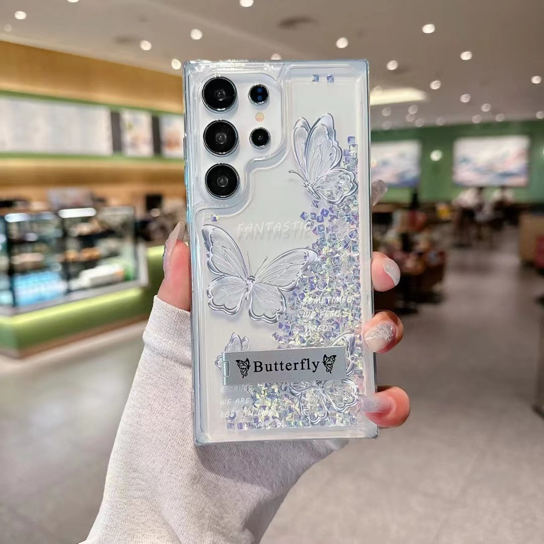 水晶蝴蝶适用三星S24手机壳mate60流沙支架iphone15全包保护套s23