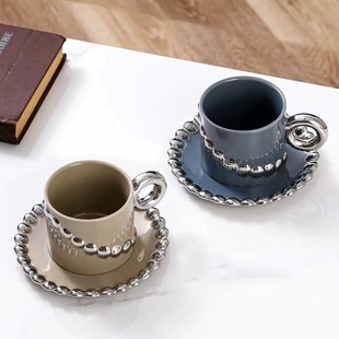 New European style coffee cup and saucer set ceramic high color value creative bead chain retro flower coffee shop gift cup and saucer