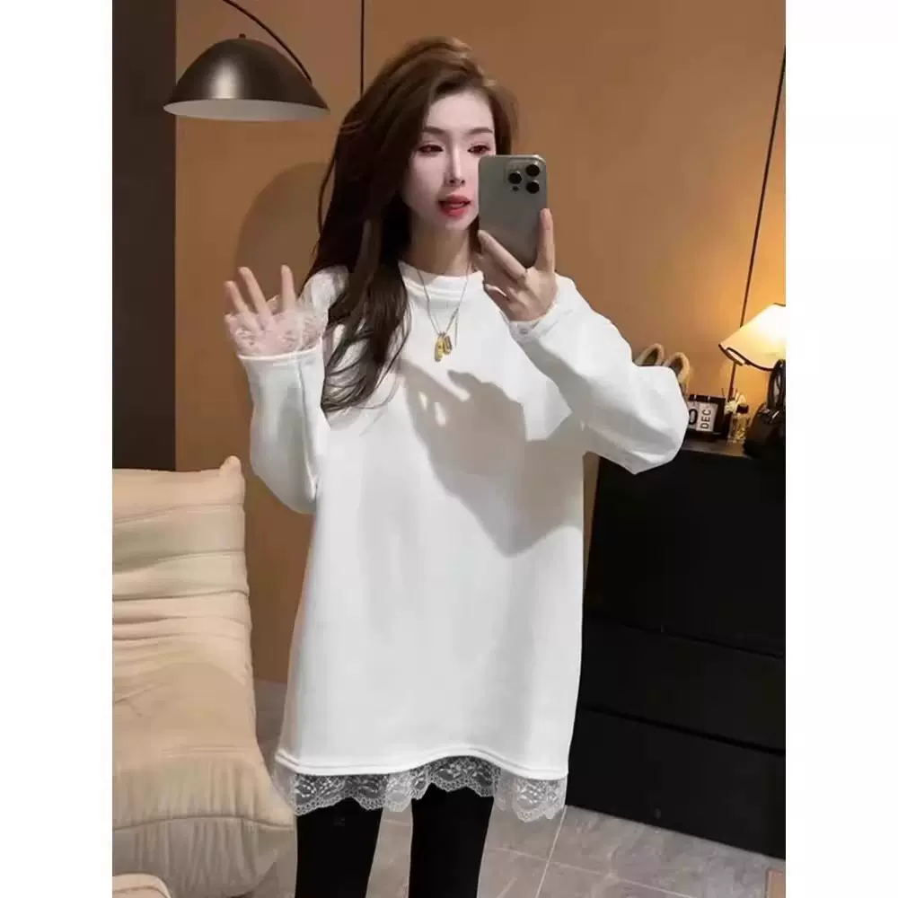蕾丝花边纯棉白色打底衫女2025春秋季欧货中长款t恤宽松内搭上衣