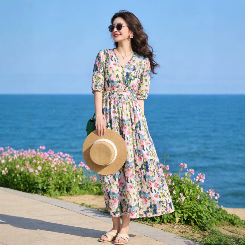 【Mid-Sleeve】2026 Cotton Silk Floral Dress for Women, Summer Slim-Fit, Elegant, Mid-Length, Loose Fit 【Mid-Sleeve】2026 Cotton Silk Floral Dress for Women, Summer Slim-Fit, Elegant, Mid-Length, Loose Fit