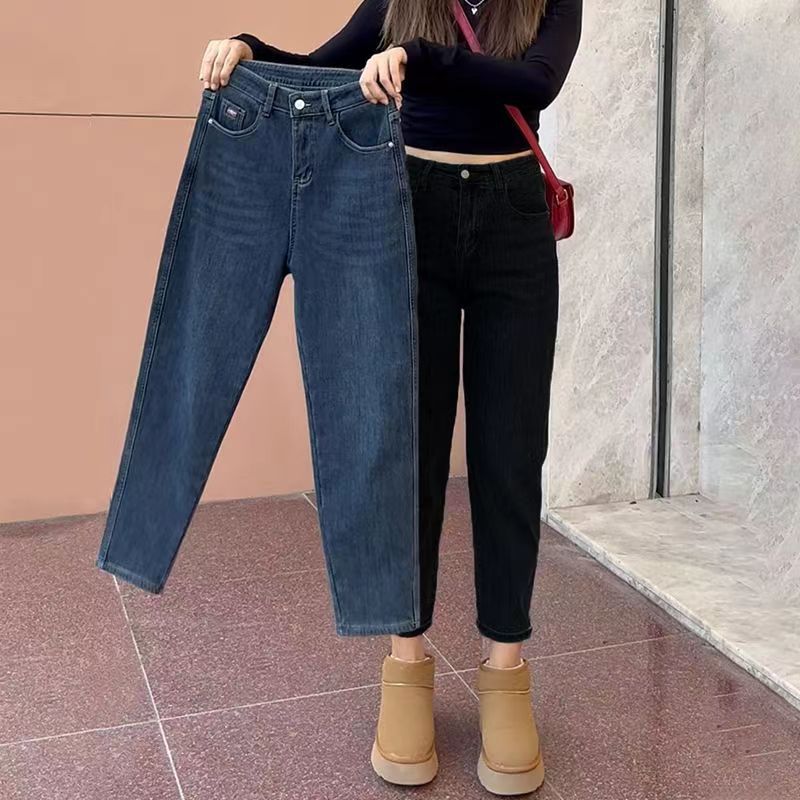 春秋季2024遮胯显瘦黑色休闲九分老爹牛仔裤女萝卜裤弹力哈伦裤子