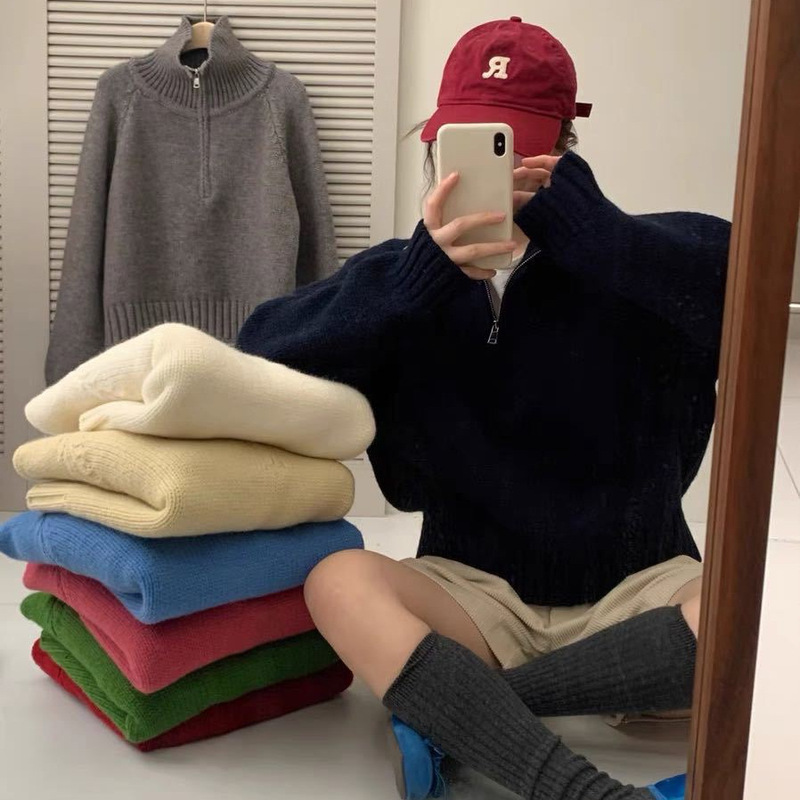 Ys Dopamine High-Neck Half-Zip Thick Sweater for Women, Lazy Style, Slimming, Loose, Solid Color, Soft Pullover Knit Sweater