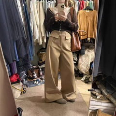 韩版简约口袋设计感高腰显瘦直筒阔腿休闲裤女士秋季宽松纯色长裤