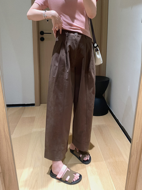 100棉立体双褶宽边九分裤早秋宽松直筒纯色巨显瘦休闲裤|undefined