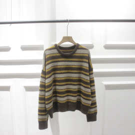 韩国订单冬装新款圆领条纹毛茸茸针织衫毛衣套头衫打底衫彩虹花纱