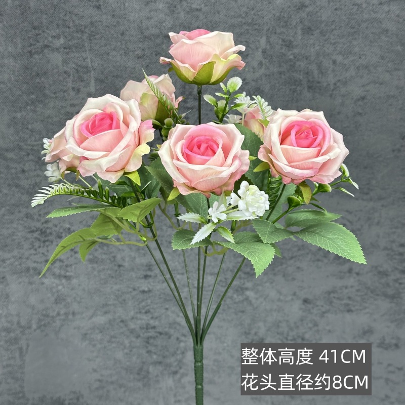 Simulación de 7 rosas rojas hechas a mano ramo de rosas bodas decoración del hogar decoración floral falsa adornos al por mayor