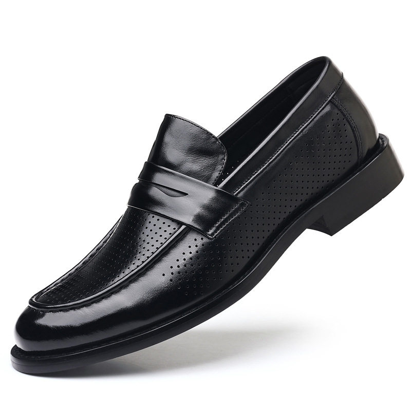 Sandal nam da bò lớp đầu khoét lỗ thoáng khí, đế bằng gỗ tự nhiên, kiểu lười — Sandal màu nâu, Sandal đen