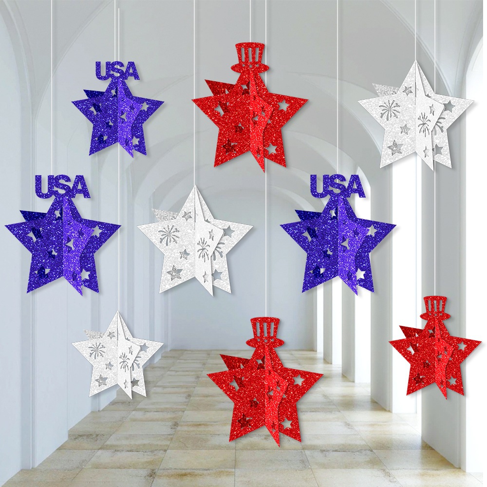 Adornos tridimensionales de la decoración de la fiesta del Día de la Independencia de EE. UU. Adornos del fondo de la fiesta del Día de la Independencia de EE. UU.