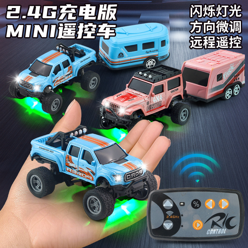 Cross-Border 1:64 High-Precision Mini Alloy Remote Control Car Charging 2.4g Adjustable Speed Off-Road with Trailer Artificial Model