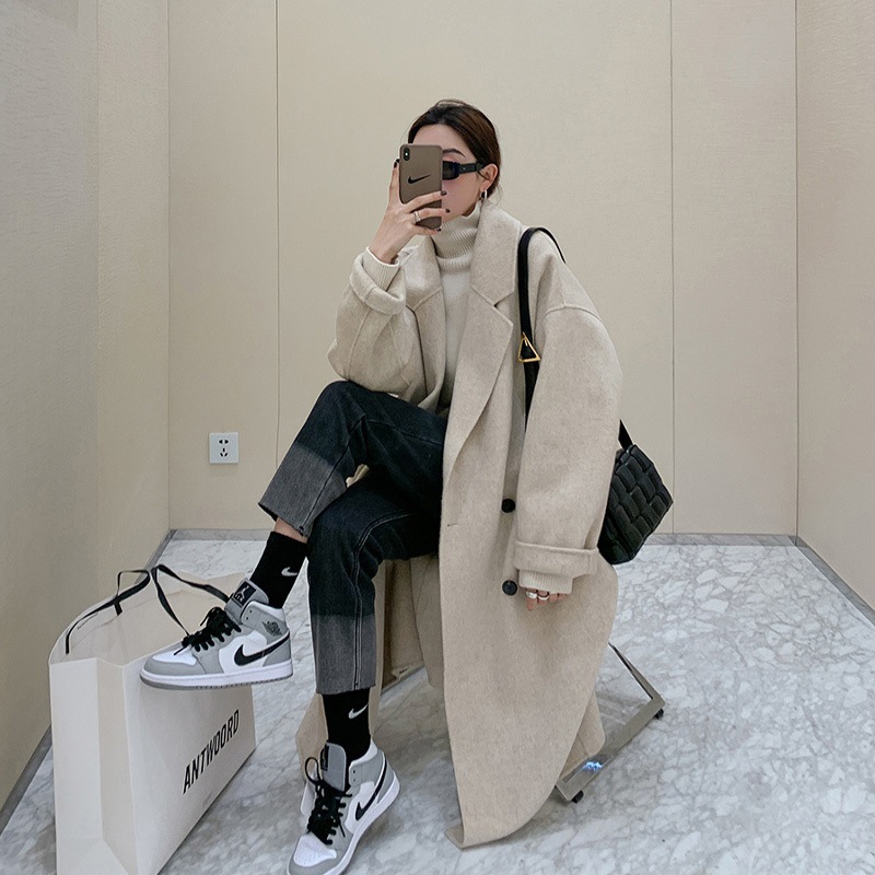 2021年法式中长款过膝英伦风休闲秋冬季简约大气毛呢外套大衣