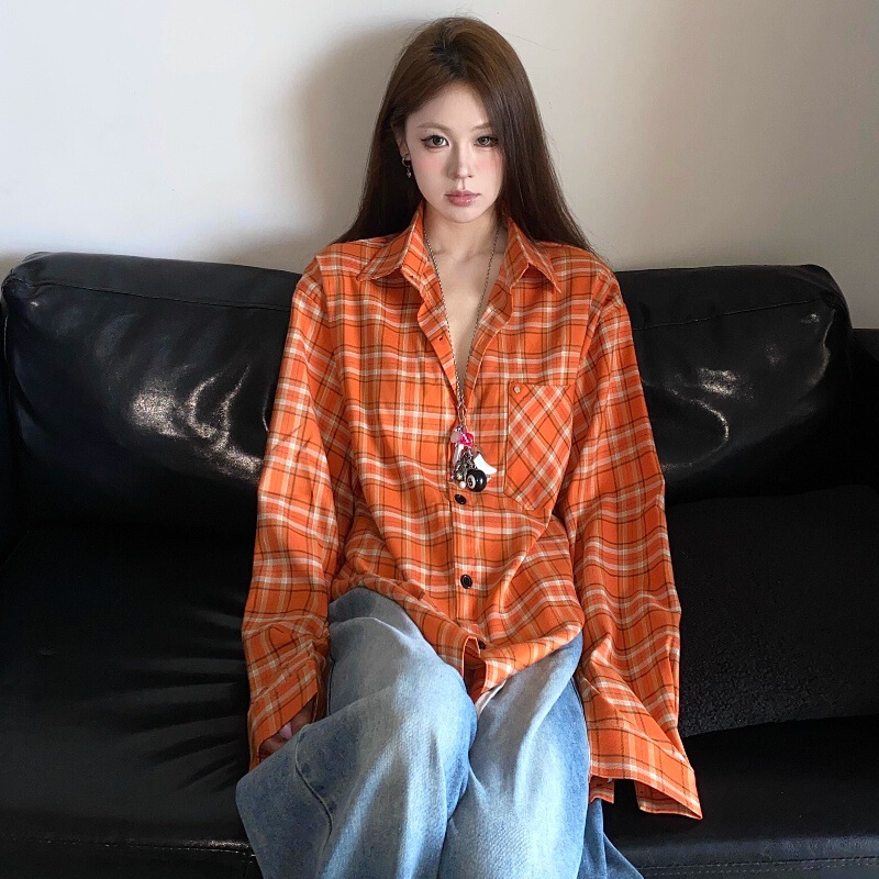 American Retro Orange Plaid Long-Sleeved Shirt Jacket for Women Spring & Fall New Loose and Versatile Casual High Street Shirt Trend
