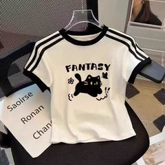 女の子 Tシャツ スリーストライプス 半袖 トップス 2025年夏新作 中大型 子供用 インス風 かわいい プリント トレンドデザイン