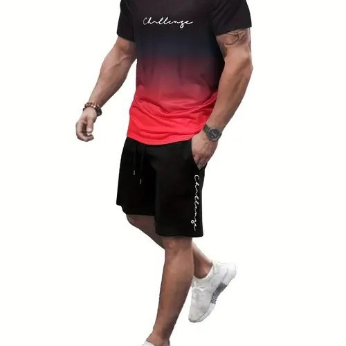 Cross-border 2025 nuevo estilo Amazon europeo y americano degradado de color manga corta cuello redondo camiseta pantalones cortos traje ME5 MA04