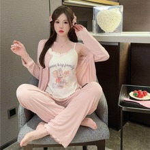 睡衣女夏秋莫代尔棉小兔植物喷绘长袖吊带长裤三件套加胸棉家居服