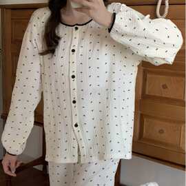 韩国ins女士新品韩版撞色小蝴蝶结简约双层棉纱圆领家居服套装女