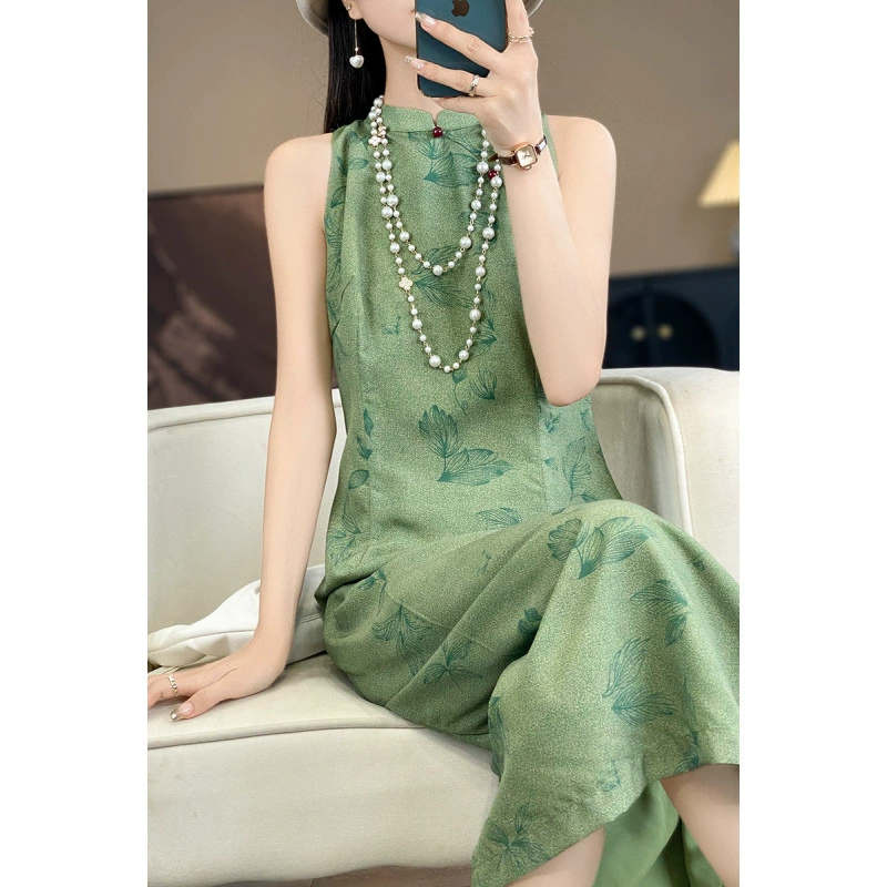 Новое летнее платье из ацетатного атласа в китайском стиле для женщин, которое можно носить внутри и снаружи, с разрезами и универсальной шелковой длинной юбкой.