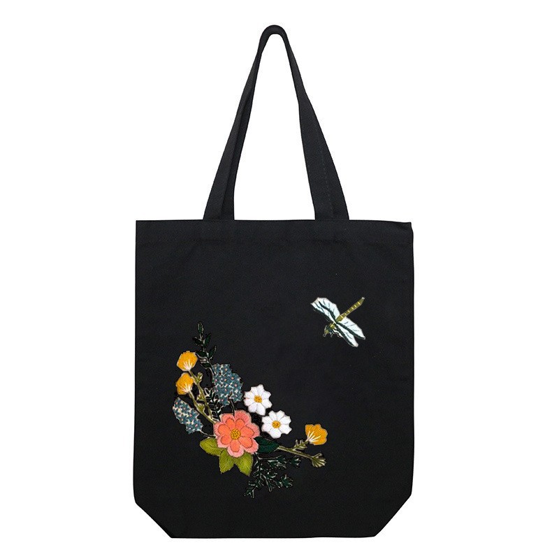 Hecho a mano DIY cinta bordada bolsa de lona Lu bordado solo hombro bolso tridimensional bordado flor lienzo mujer bolsa grande