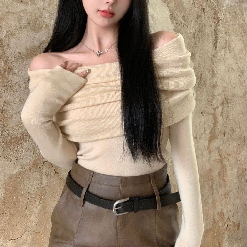 纯欲小心ji一字肩针织打底衫女秋冬季加厚毛衣设计感长袖别致上衣|undefined