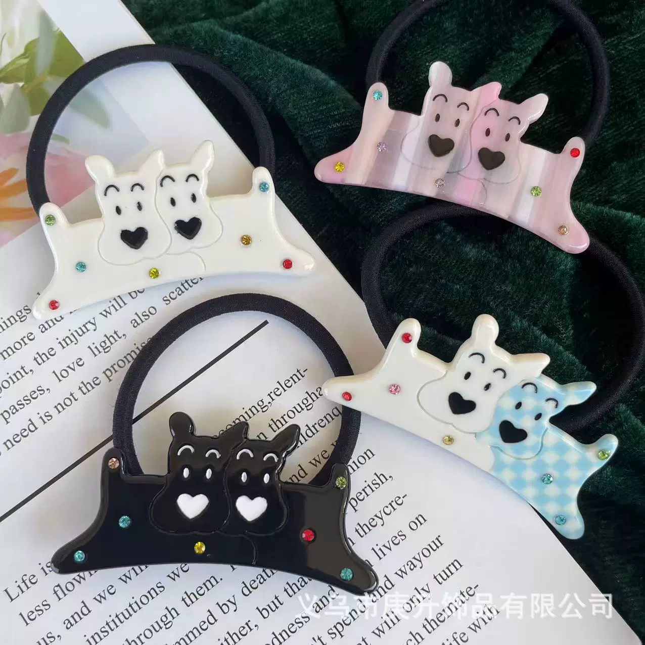 跨境可定制两只小狗彩色镶嵌钻可爱醋酸发绳质感好发圈高弹力头绳