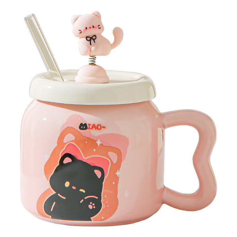 Suave y lindo gato cerámico taza de paja de dibujos animados taza de oficina femenina de alto valor con taza de pareja doméstica cubierta