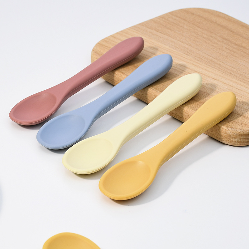 in stock Children's Silicone Long Handle Single Spoon Food Grade Supplementary Spoon High Temperature Resistant Baby Supplementary Tableware Anti-fall Training Spoon