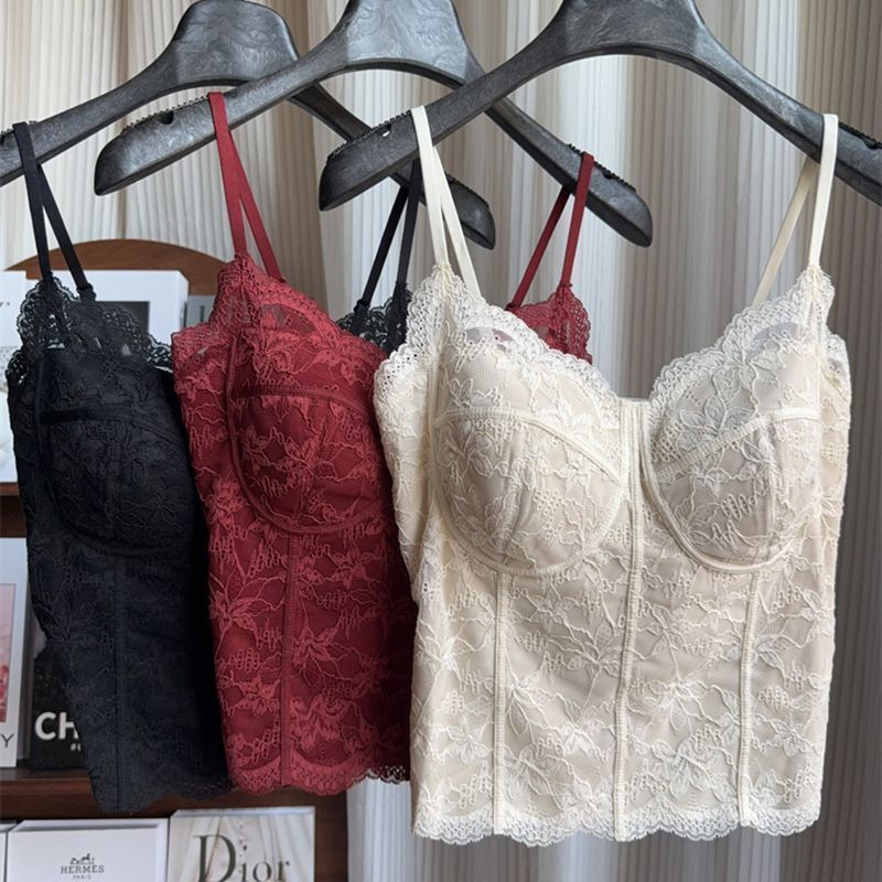 Autumn and Winter New French Lace Pure Lust Sling Beautiful Back One-Cup Bra-Free Vest Women's Slimming Look 6100