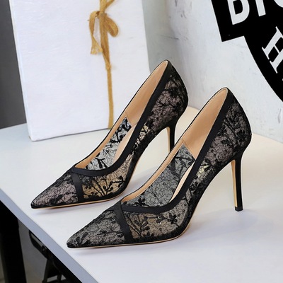 1963-8 European and American style banquet sexy slim heels pointed high heels women's mesh hollow lace shallow mout