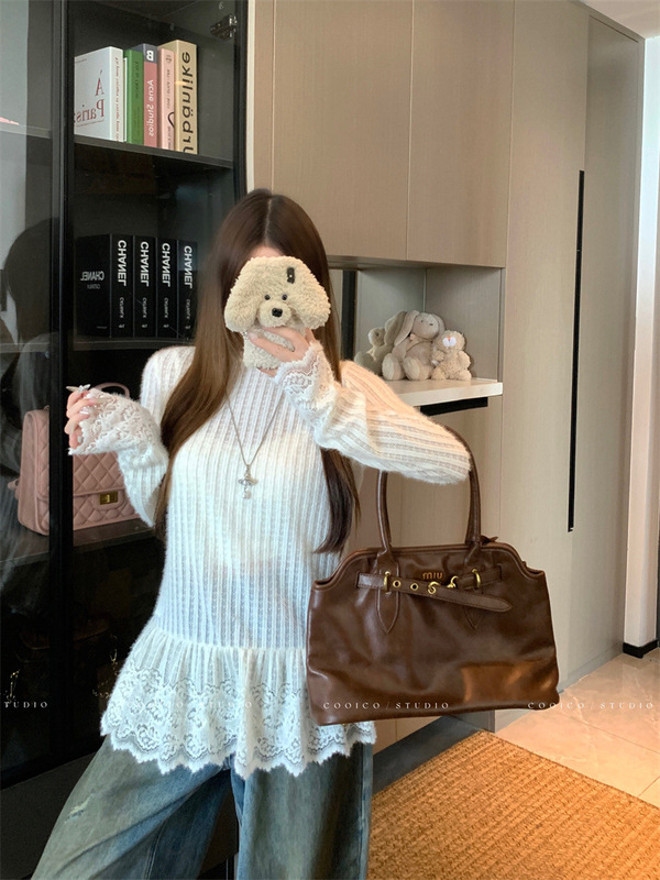 巧克少女杏色坑条蕾丝拼接花边针织衫女秋季弹力宽松休闲长袖上衣|undefined