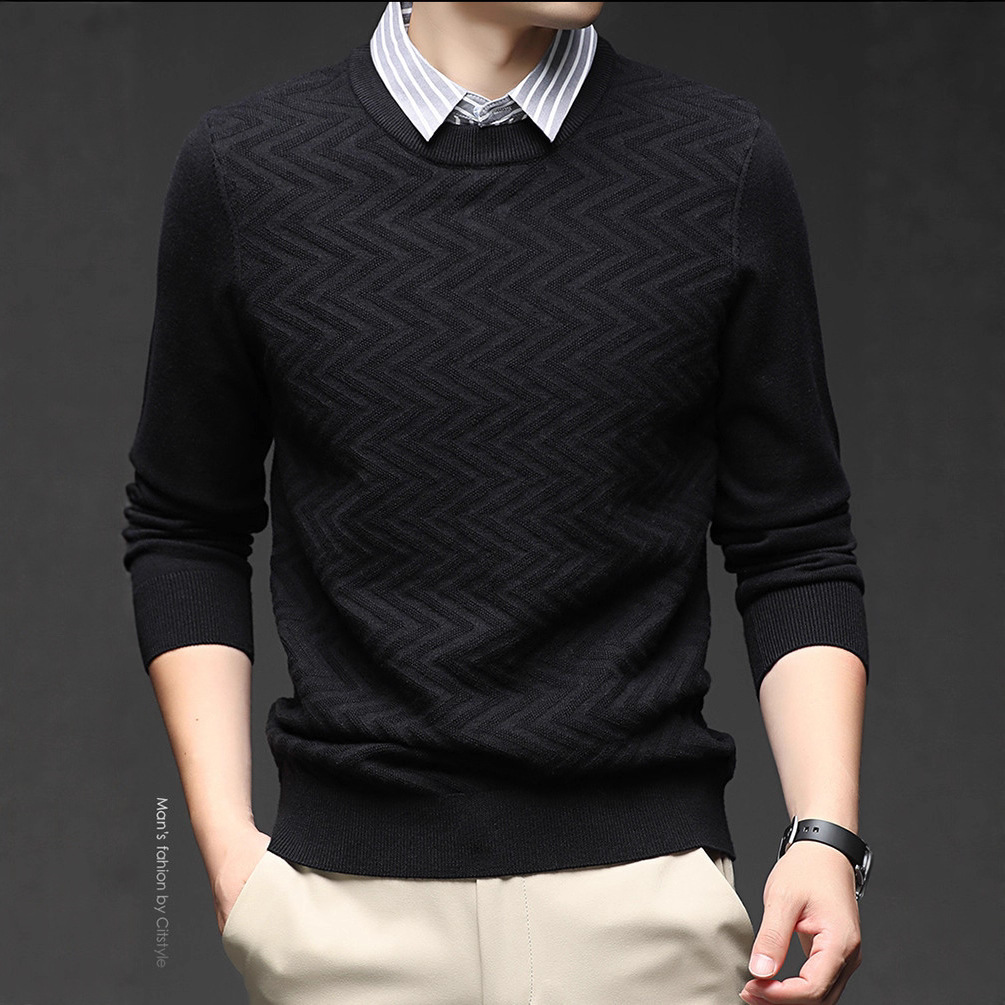 Suéter de hombre con solapa jacquard otoño y invierno viejo dinero falso dos piezas casuales simple fundación de manga larga jersey de punto