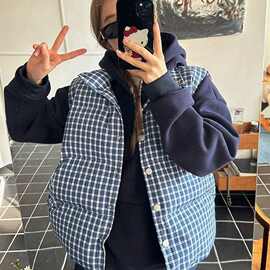 新款高级感蓝色格子棉衣马甲女冬季加厚外穿棉袄外套马夹上衣