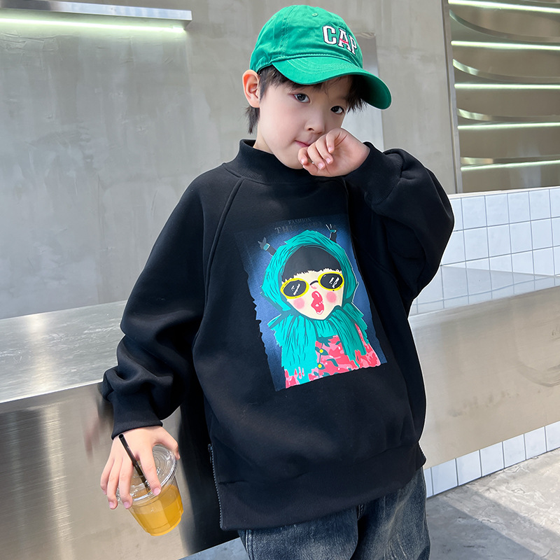 Sudadera con capucha estampada para niño para primavera y nuevo estilo 2024, conjunto para niño, camisa base de manga larga, otoño para niños de talla mediana_voghion.com