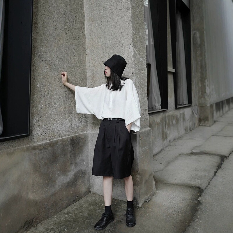 Yamamoto-Style Artistic Designer Short-Sleeve Shirt, Unisex, Dark Style, Niche Stand-Up Collar, Large Cuff Shirt, Summer Yamamoto-Style Artistic Designer Short-Sleeve Shirt, Unisex, Dark Style, Niche Stand-Up Collar, Large Cuff Shirt, Summer