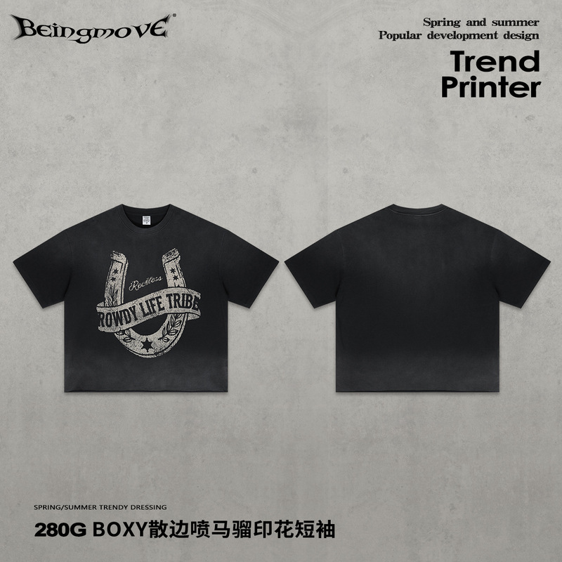 Street Madness | New Style American Western Street Style Boxy Short-Sleeved Retro Distressed Washed Spray-Printed T-Shirt for Men