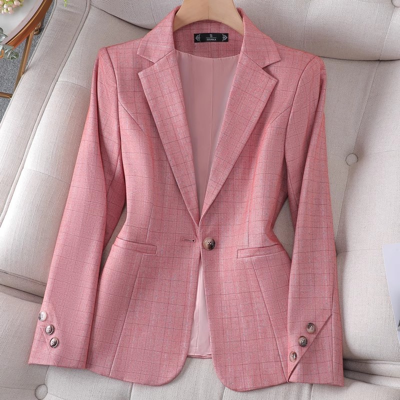 Pink Plaid Blazer for Women 2024 Spring & Fall New Style High-End Waist Casual Elegant Small Suit Top