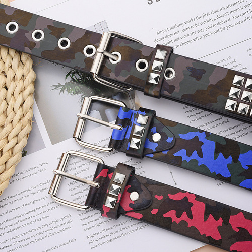 Four-Direction Bead Rivet Pyramid Embossed Punk Hip-Hop Personality Eye Decorative Camouflage Belt for Women and Men