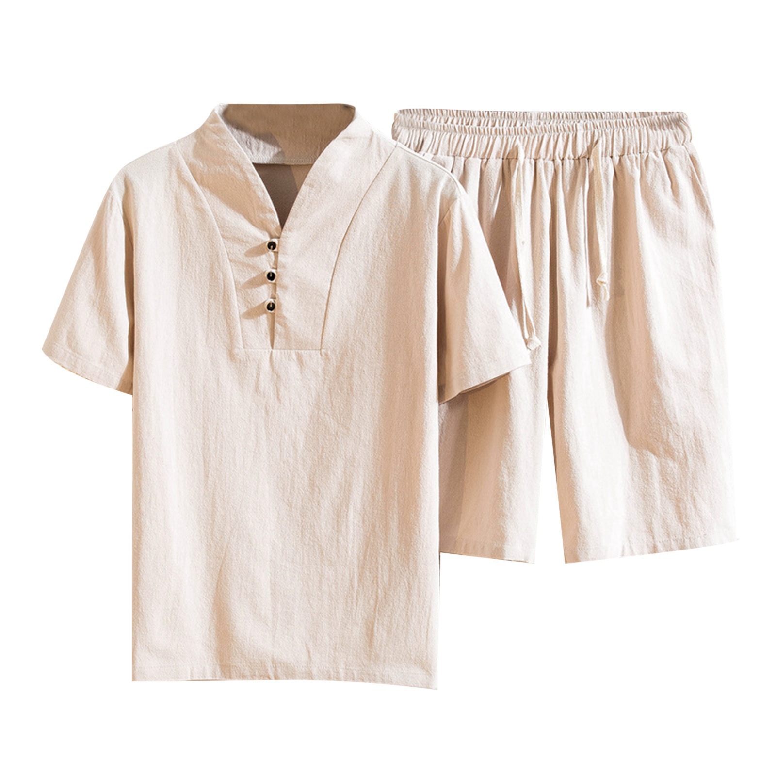 2025 Cross-Border New Men's Short-Sleeved Shorts Suit Summer Cotton and Linen Solid Color Men's T-Shirt Two-Piece Set Manufacturer