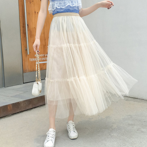 Chic Fairy Sweet Sheer Mesh Semi-Skirt Spring Summer Korean Style Solid Color Versatile Fashion Splicing Trendy Pleated Skirt